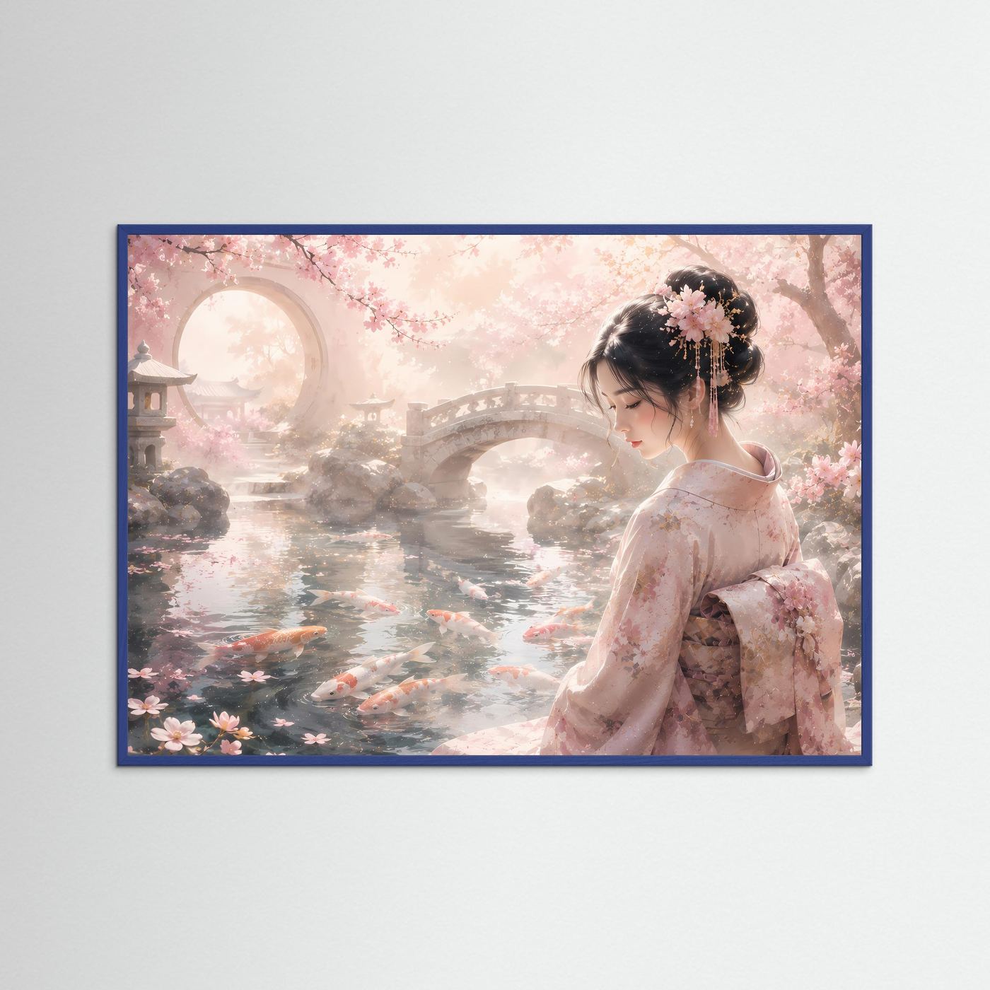 Japanisches Poster mit Geisha im Kimono am Koi-Teich und Kirschblüten, in blauem Holzrahmen.