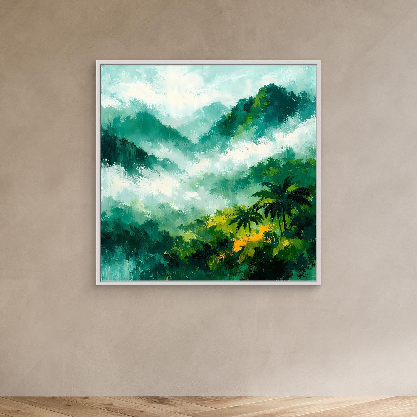 Leinwand Abstraktes Dschungelgebirge im Nebel | Modernes Tropen Wandbild Grün