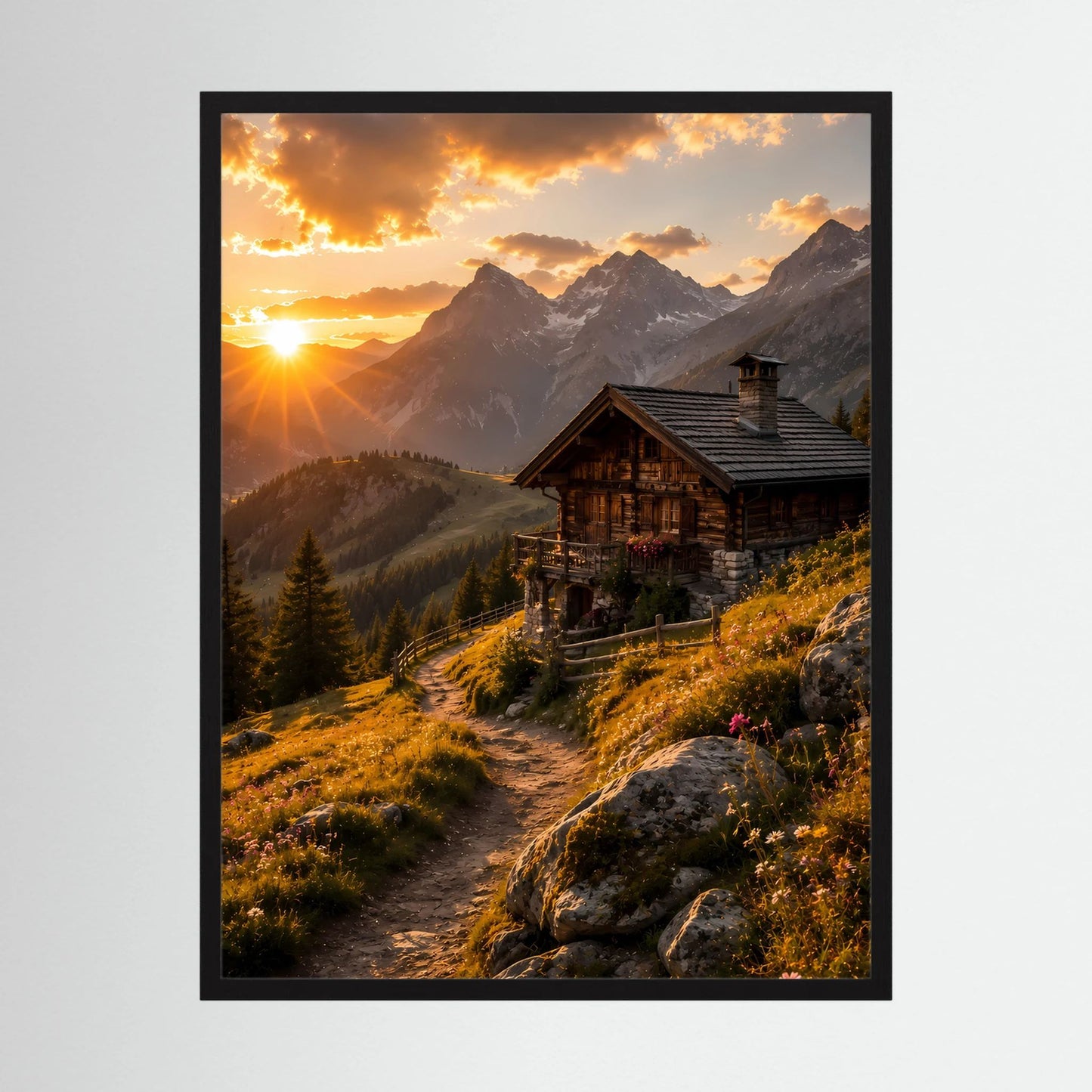 Gerahmtes Hochformat-Poster mit Berglandschaft und Alpenhütte im Sonnenuntergang