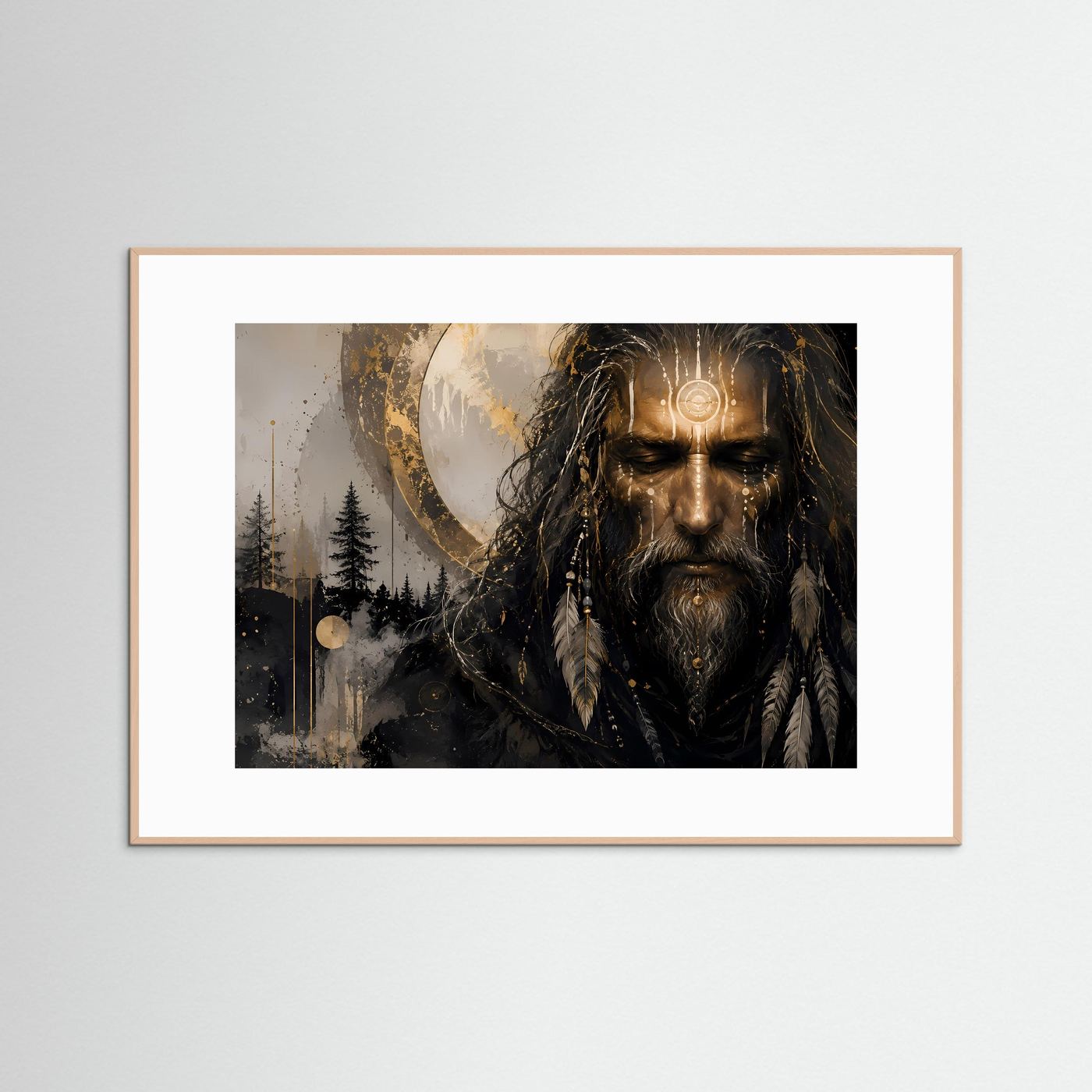 Mystischer Schamane in Gold & Schwarz | Modernes Spirituelles Porträt Poster