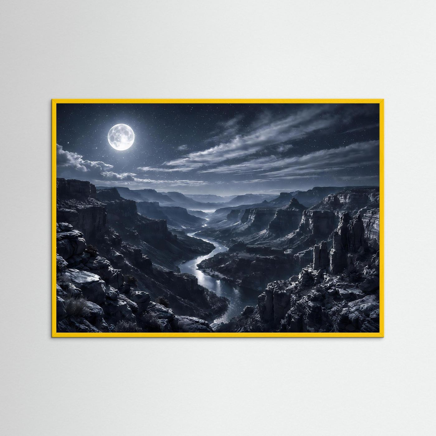 Wandbild mit Canyonlandschaft bei Nacht, Mond über Schlucht, gelber Rahmen.