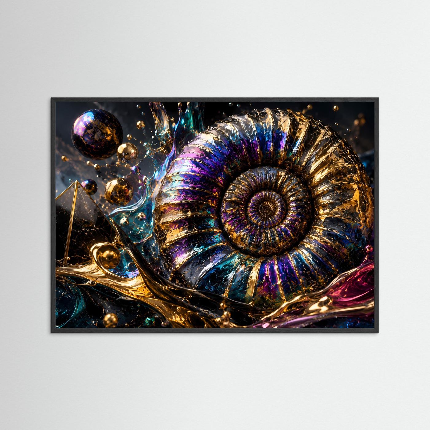 Ammonit Fossil Wandbild | Luxuriöse Geoden Kunst | Abstrakte Gold Blau Lila Wanddekoration | Moderne Premium Leinwand | Geometrische Naturkunst