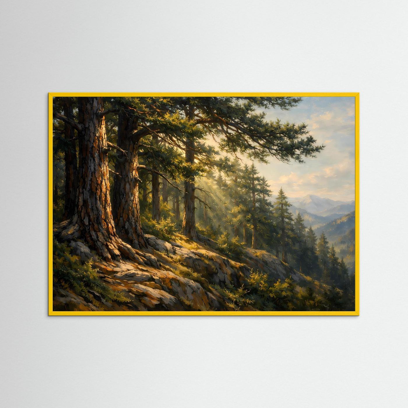 Wandbild Nadelwald und Berge mit gelbem Rahmen