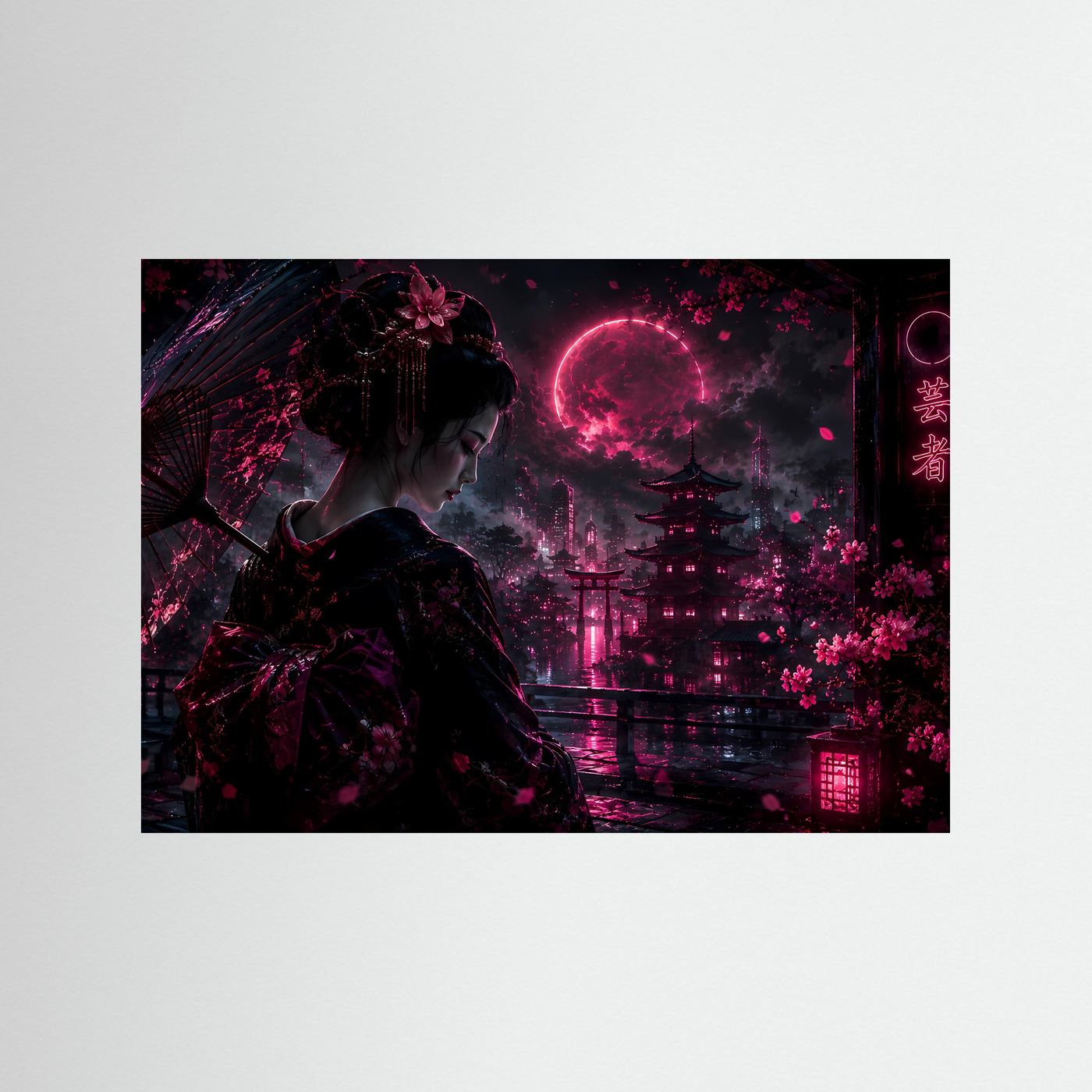 Geisha bei Nacht in Neon Pink | Japanische Cyberpunk Kunst mit Mond & Pagode