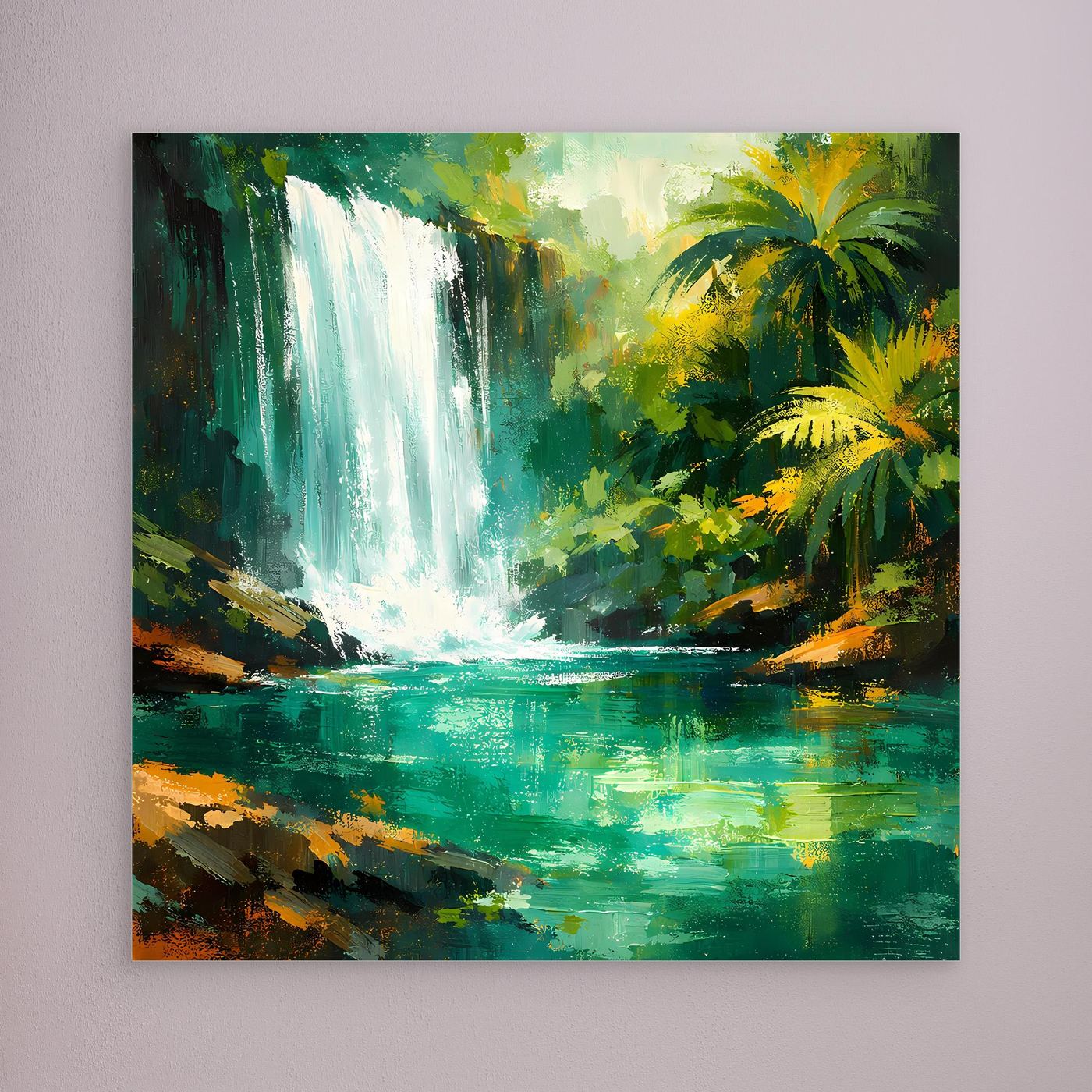 Leinwand Abstraktes Dschungel Wandbild mit Wasserfall | Modernes Natur Kunstwerk Grün