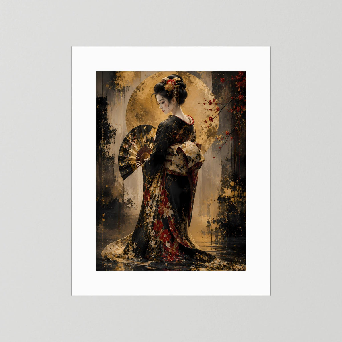 Posterprint mit Geisha im dunklen Kimono, Fächer, Gold- und Rotdetails, mit weißem Rand