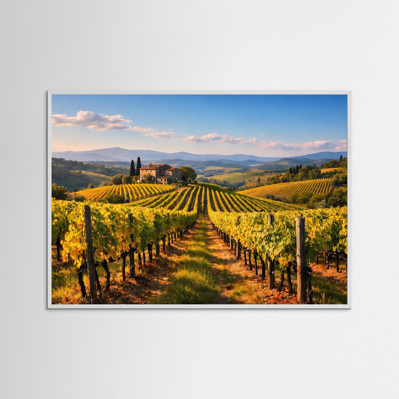 Querformatiges Weinberg-Panorama-Poster mit grauem Rahmen
