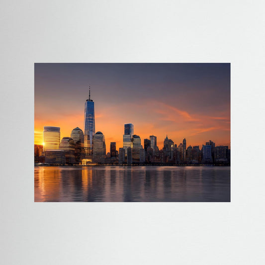 Querformat-Poster mit New-York-Skyline bei Sonnenuntergang über dem Wasser