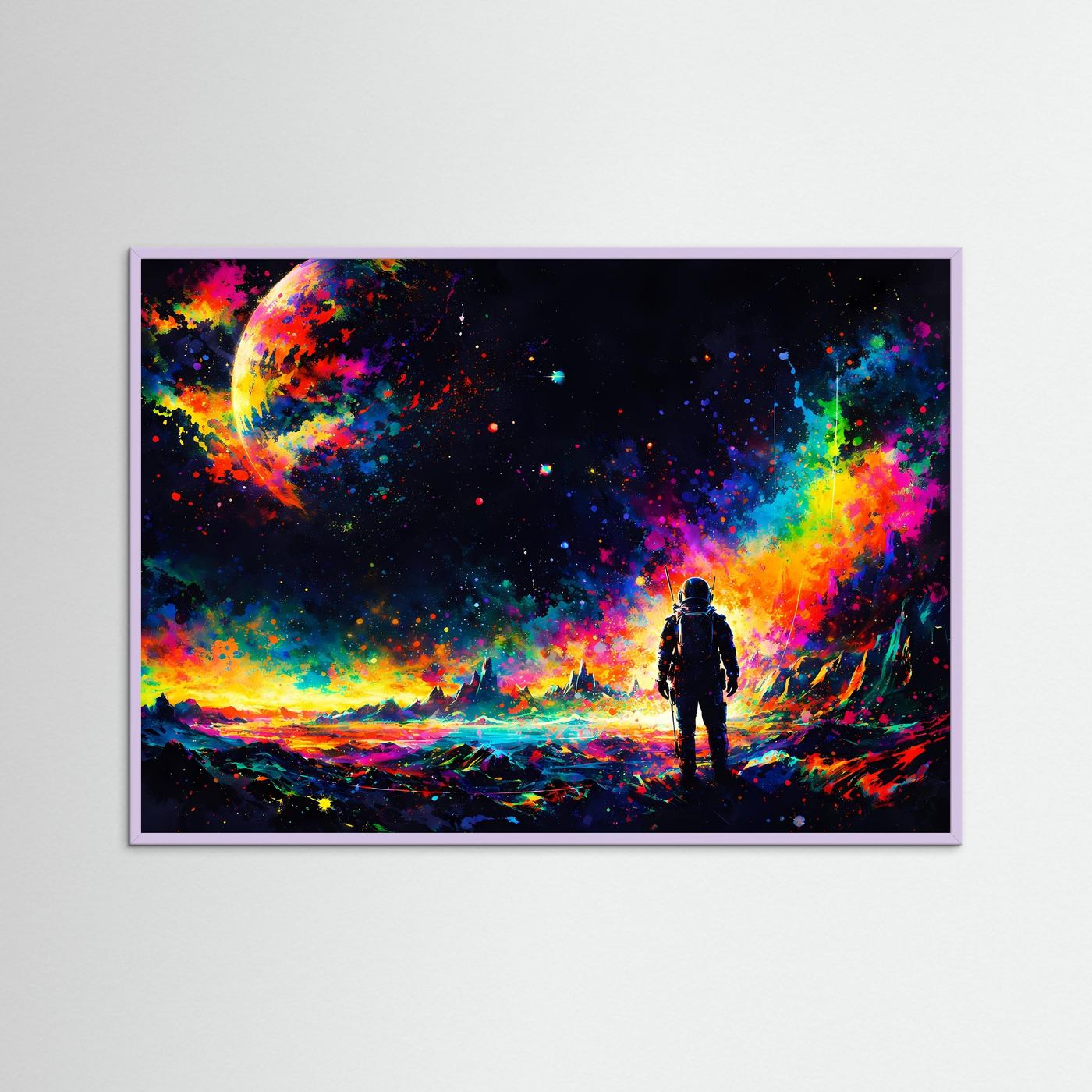 Poster mit Astronauten-Silhouette im Neon-Weltraum, lila Rahmen