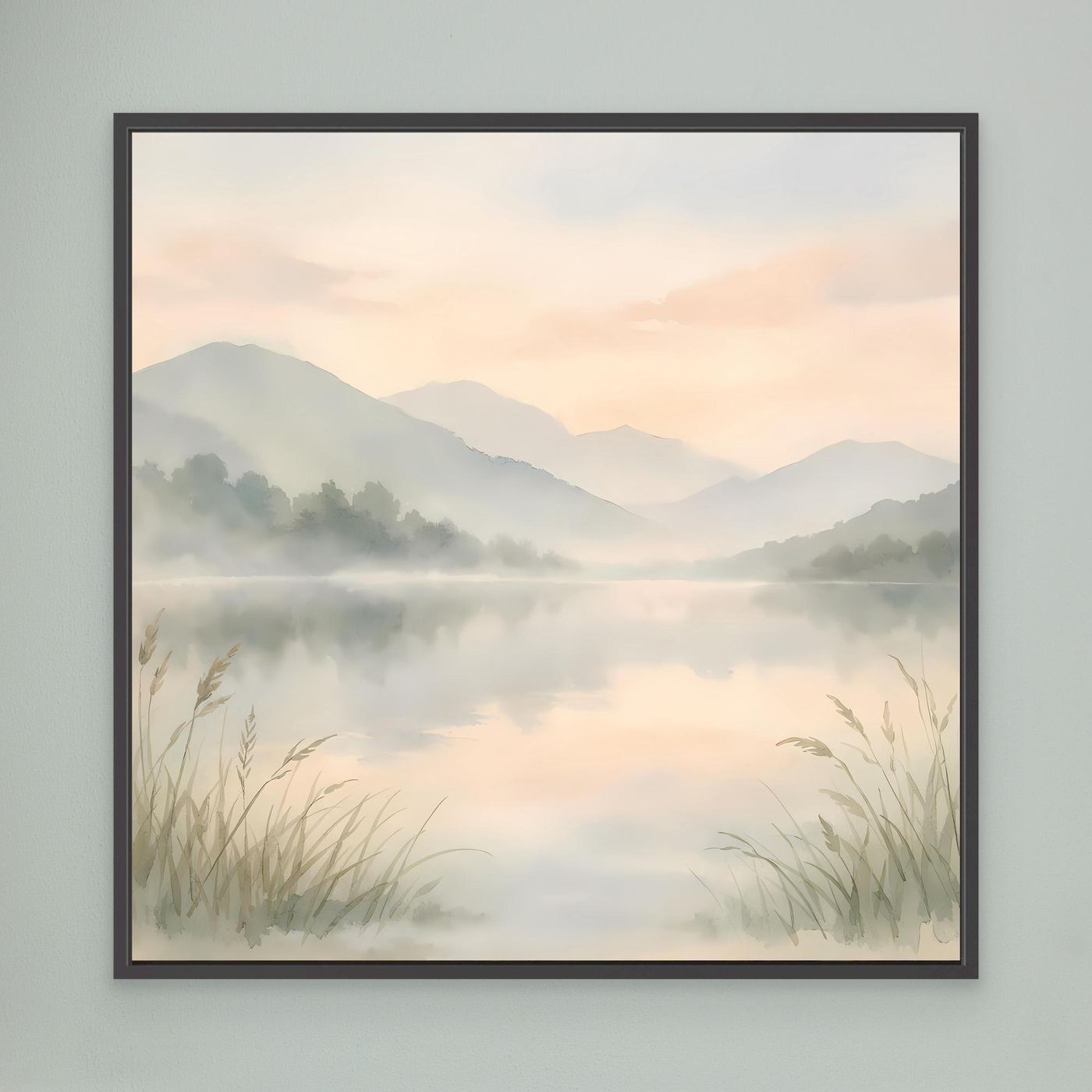 Leinwandbild: nebliger Bergsee in Pastelltönen mit Schilf; schwarzer Rahmen