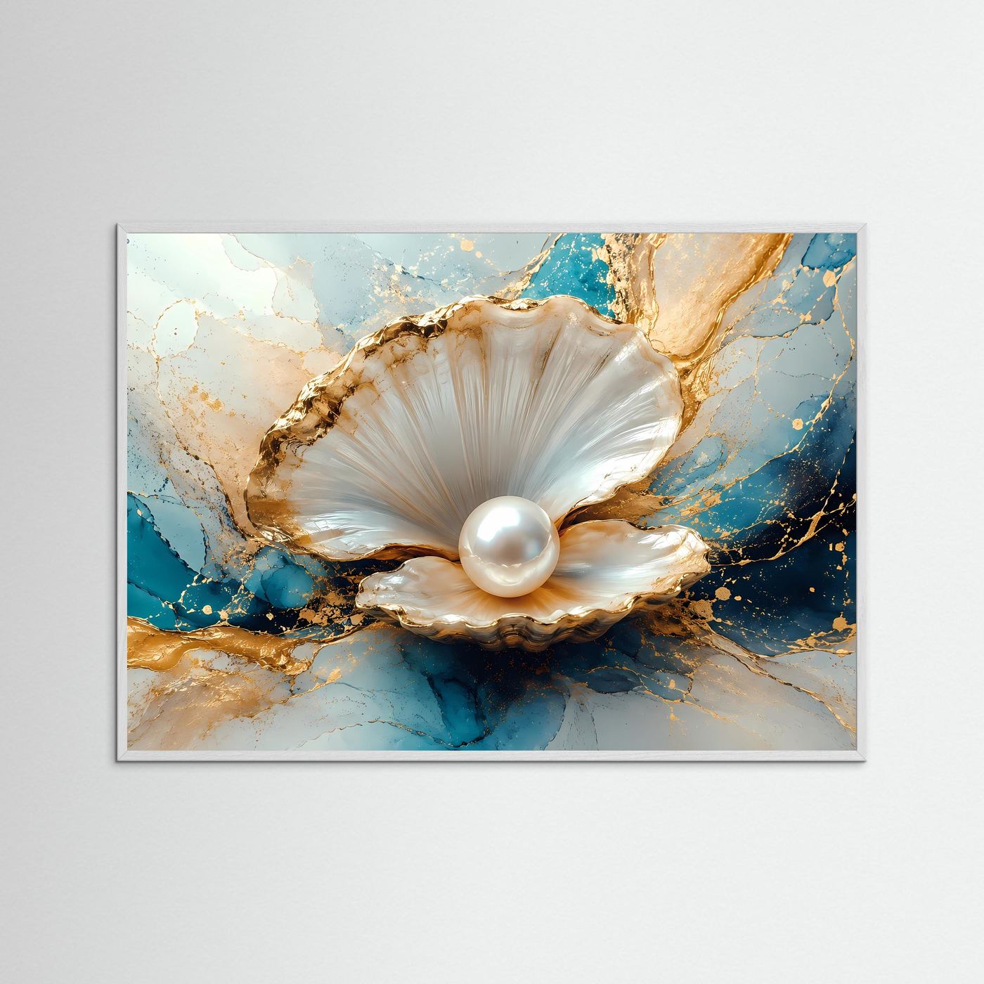 Perlenmuschel Poster | Elegante Muschel mit Perle Wandbild | Luxuriöse Gold Blau Marmor Kunst