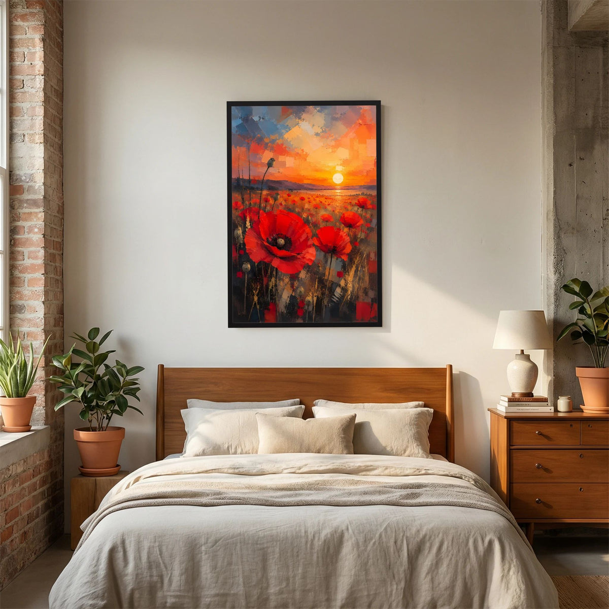 Hochformat-Poster mit roten Mohnblumen und orangefarbener Abendsonne, schwarzer Rahmen