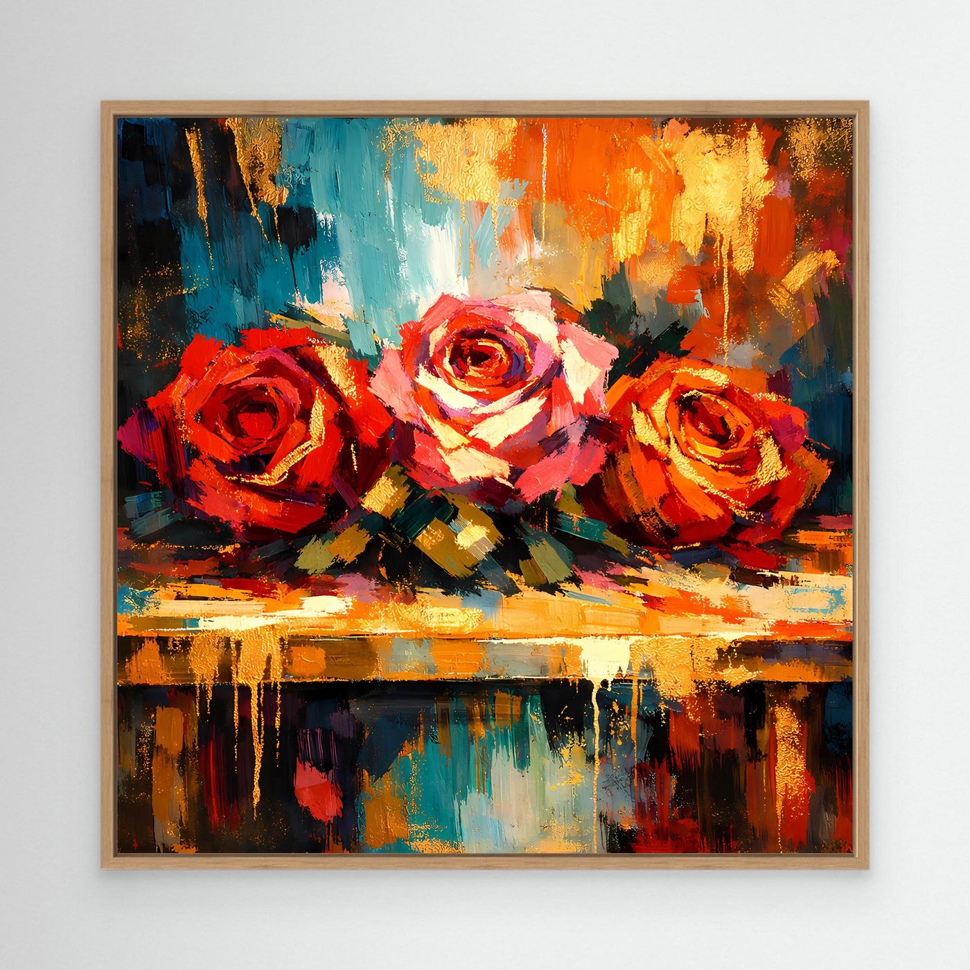 Abstraktes Rosen-Leinwandbild mit bunten Pinselstrichen, Holzrahmen