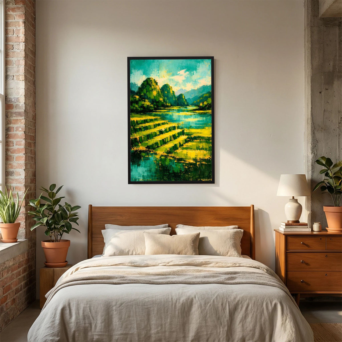 Hochformat-Poster mit abstraktem Landschaftsmotiv: Fluss, Felder und Bäume, schwarzer Rahmen.