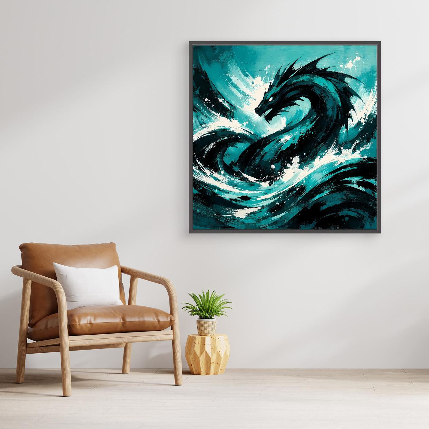Quadratisches Leinwand-Wandbild mit schwarzem Rahmen und türkis-schwarzem Seemonster
