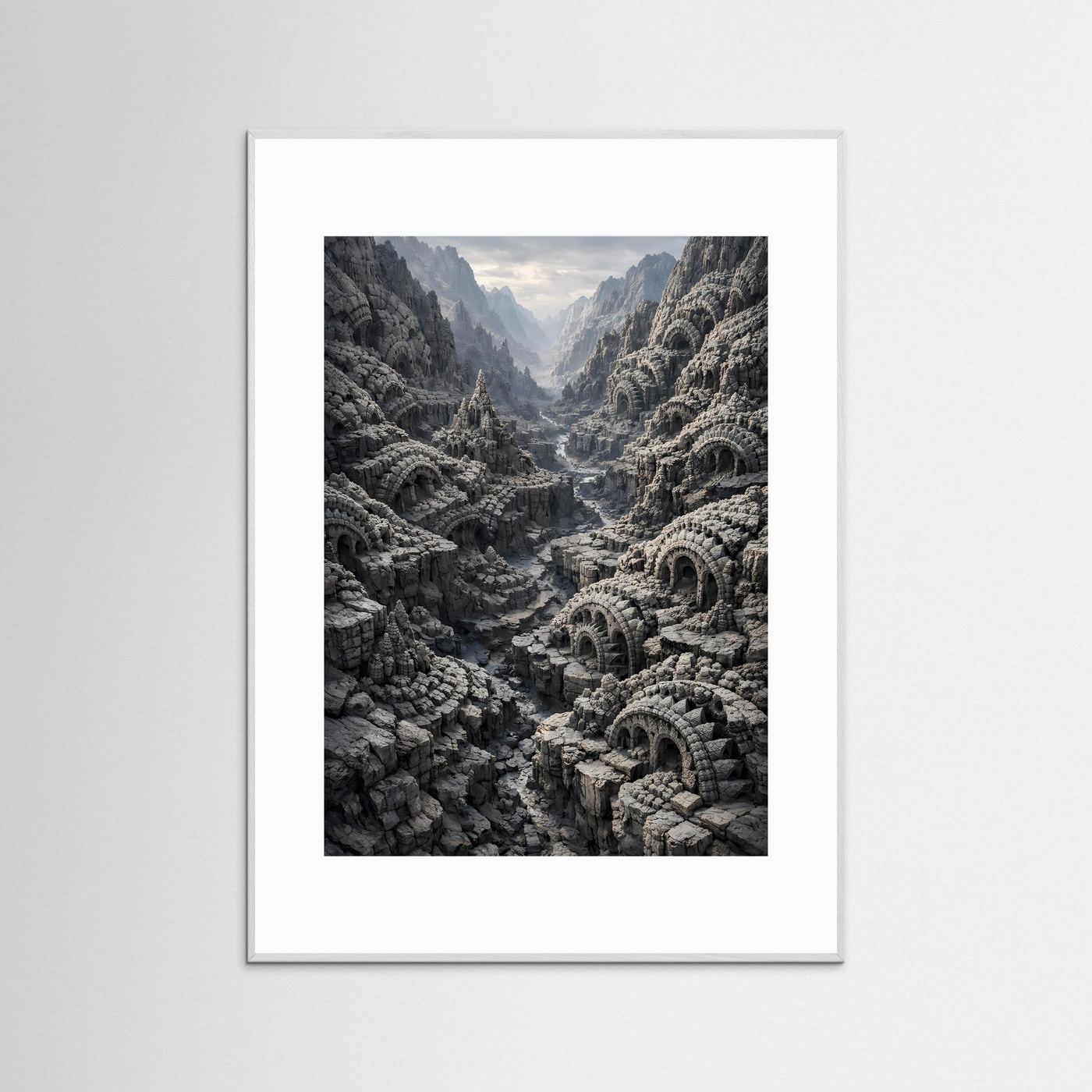 Hochformat-Kunstposter mit Ruinen und Bögen im Canyon, Steingrau & Anthrazit, weißer Rahmen