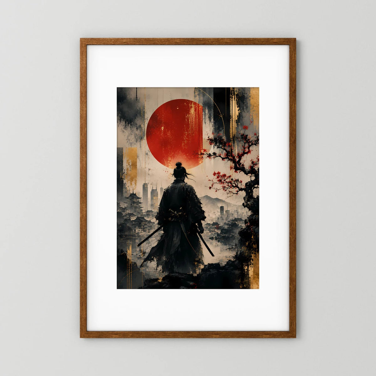 Gerahmtes Kunstposter im Hochformat: schwarzer Samurai vor roter Kreis-Sonne