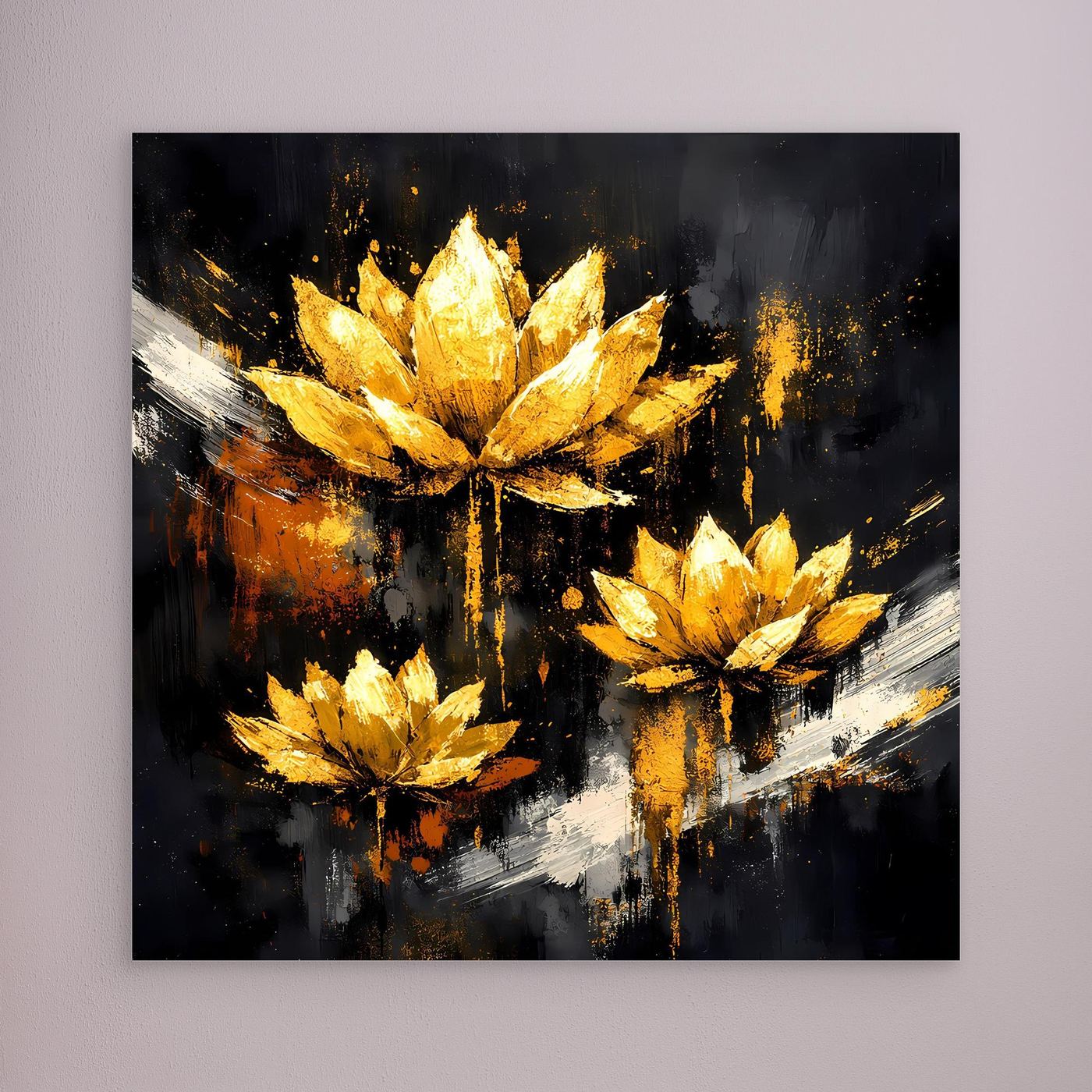 Leinwand Edle Lotusblüten in Gold und Schwarz | Modernes Florales Luxus Wandbild