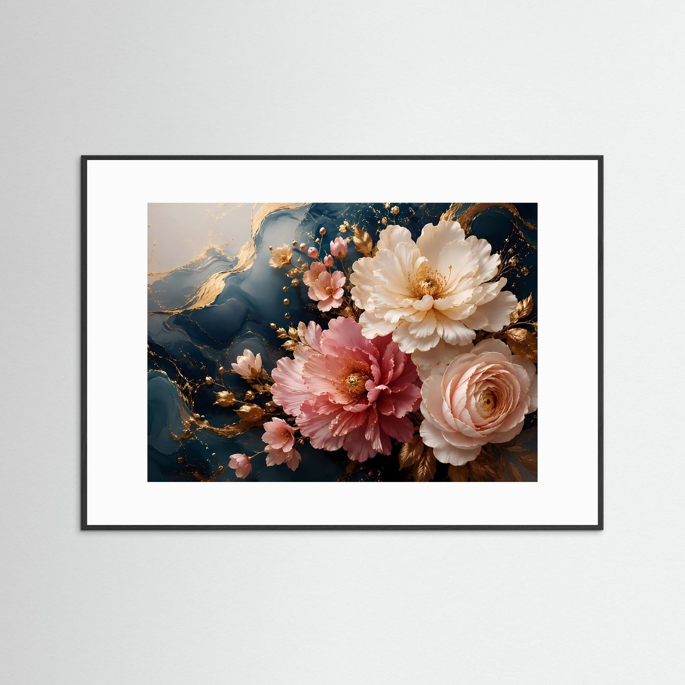 Elegante Pfingstrosen mit Goldakzenten | Blumen & Marmor Kunst Poster