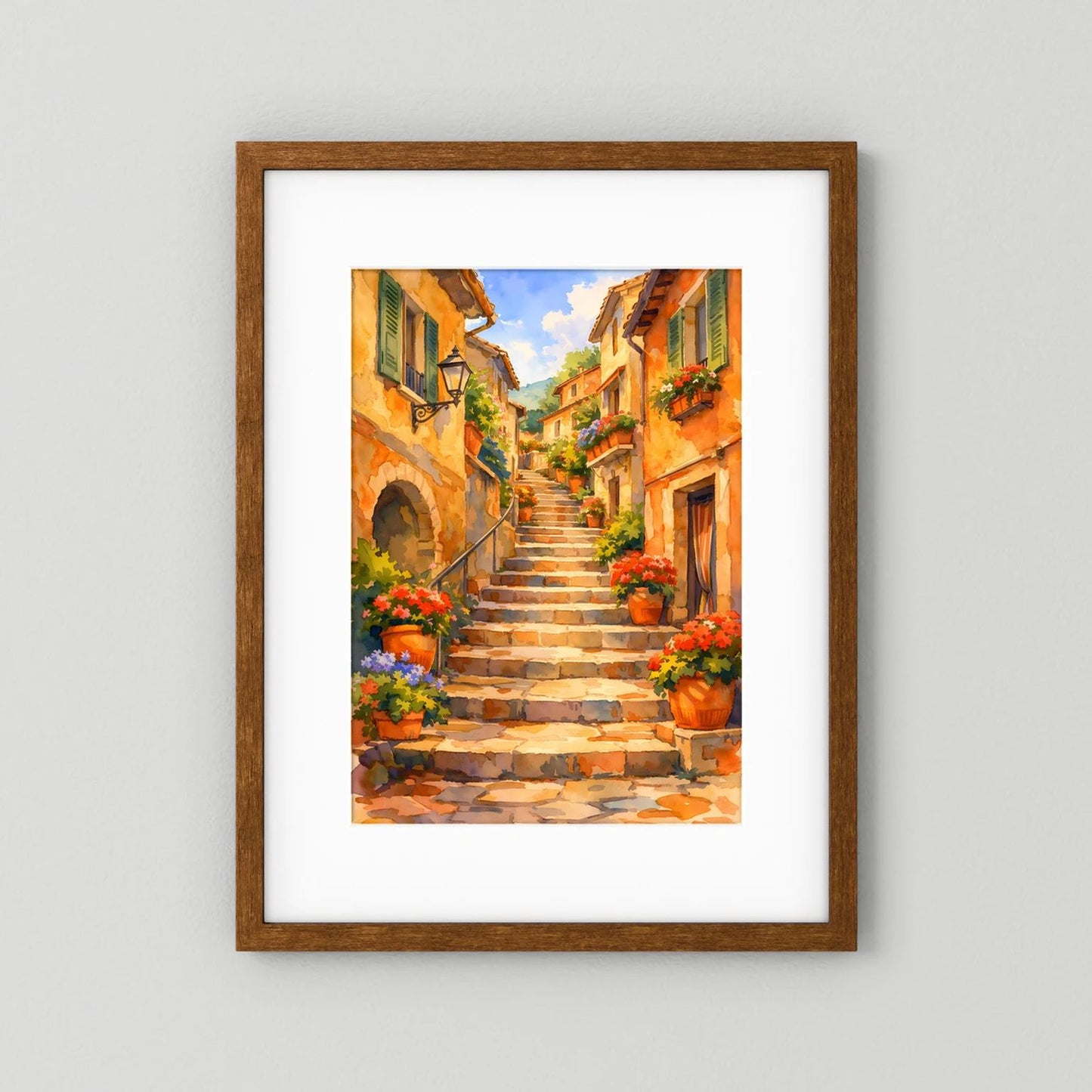 Gerahmtes Wandbild (dunkelbrauner Rahmen) mit weißem Rand und mediterraner Treppe