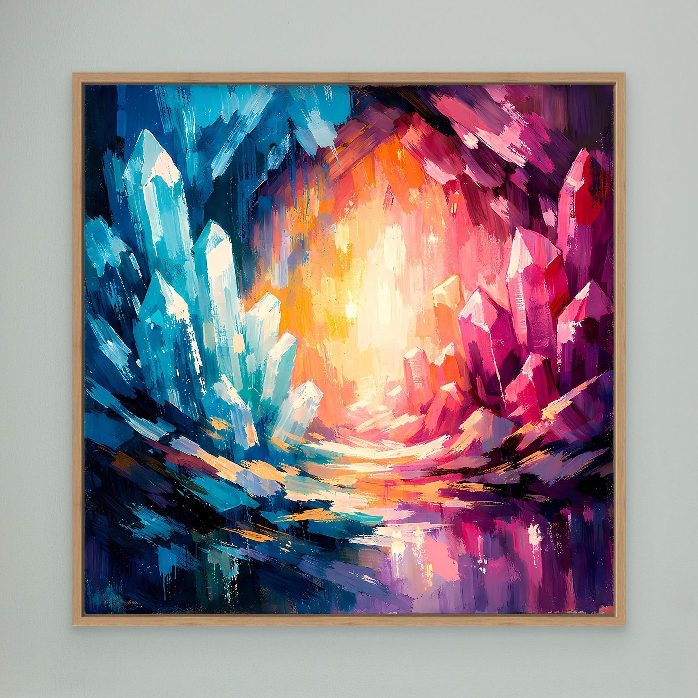 Oak-framed abstract canvas wall art with blue, pink, and orange crystal burst