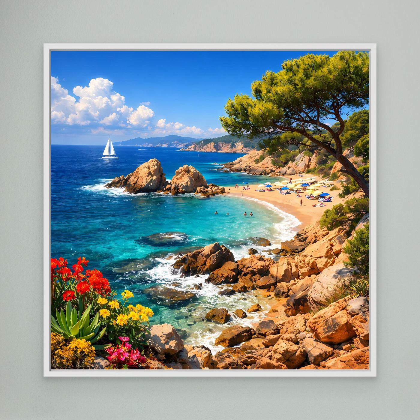 Leinwand-Wandbild mit Küstenbucht, türkisfarbenem Meer, Strand, Pinie und Segelboot