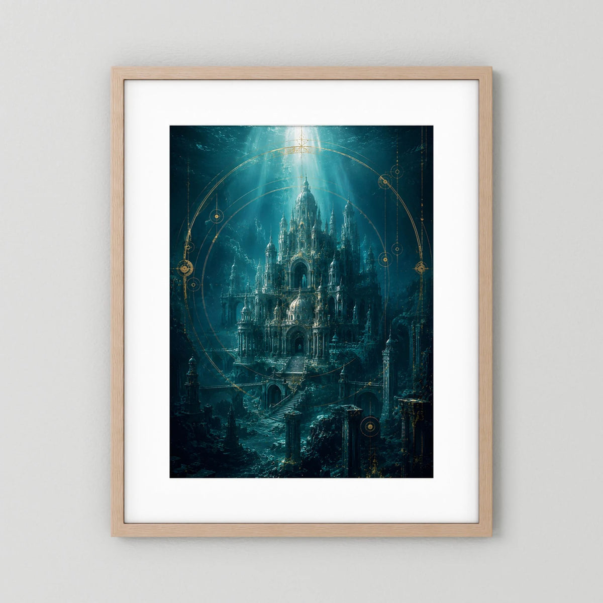 Kunstposter mit hellem Holzrahmen, Unterwasserstadt in Türkis und Gold, Hochformat
