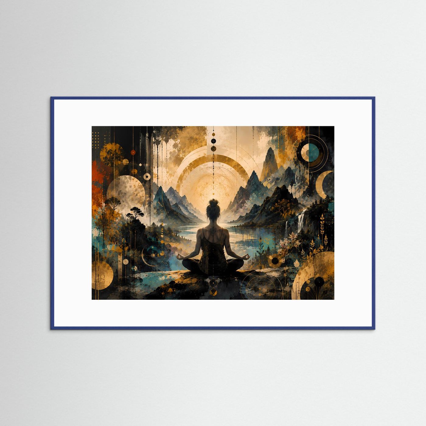Meditierende Frau am Bergsee | Spirituelle Zen-Kunst in Gold & Petrol