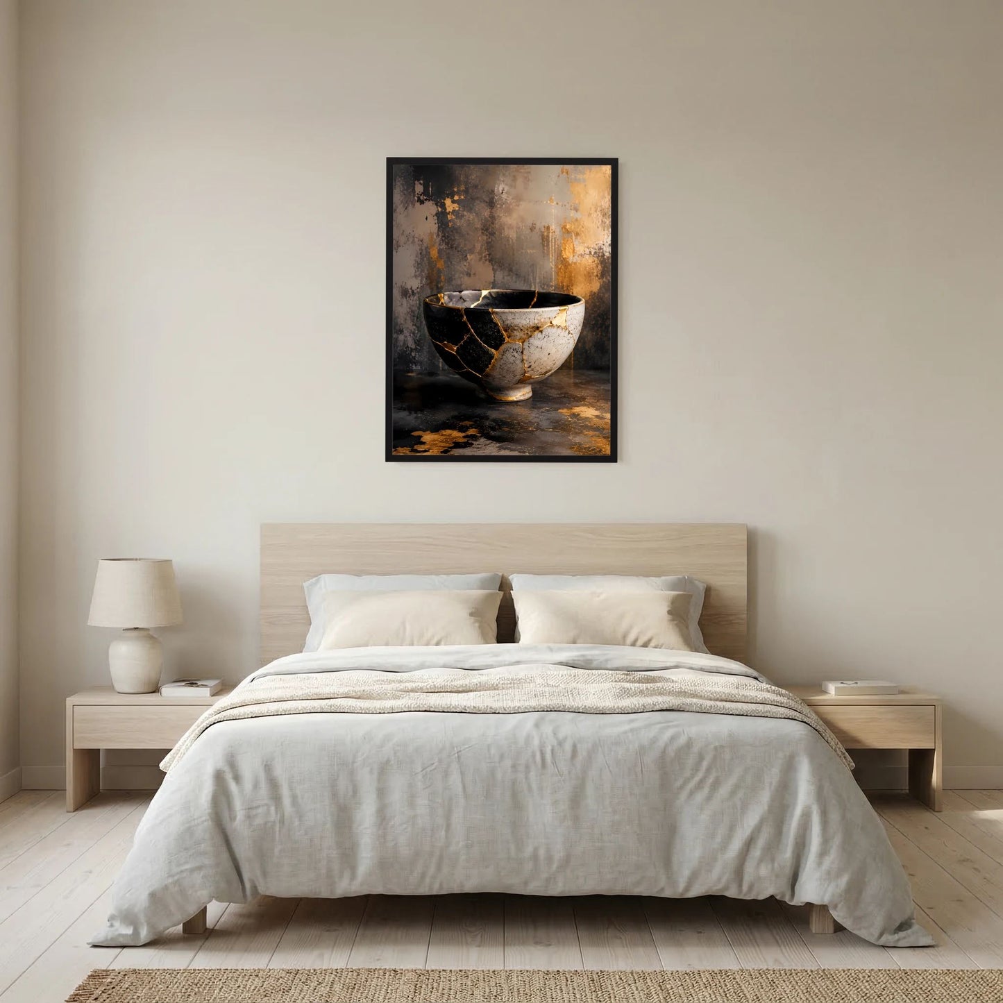 Gerahmtes Hochformat-Poster mit Schale in Schwarz, Weiß und goldenen Kintsugi-Risslinien