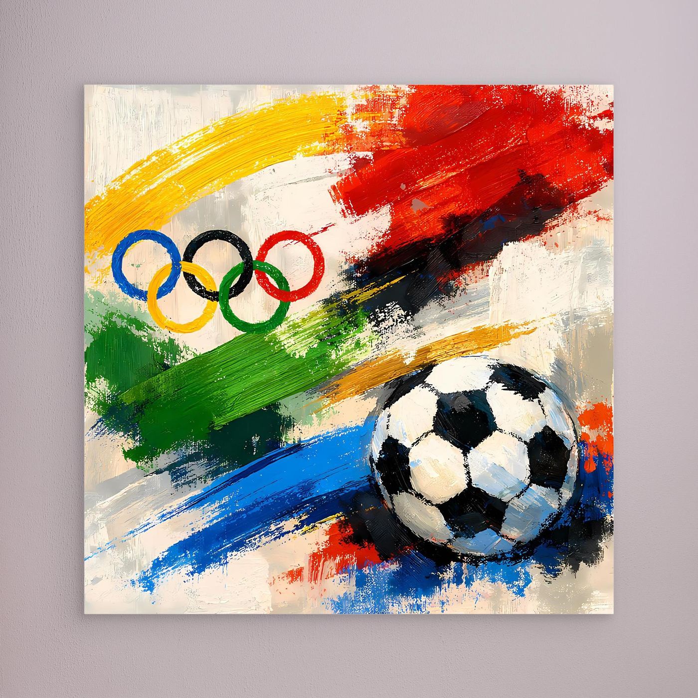 Leinwandbild mit abstrakten Farbstrichen, olympischen Ringen und Fußball