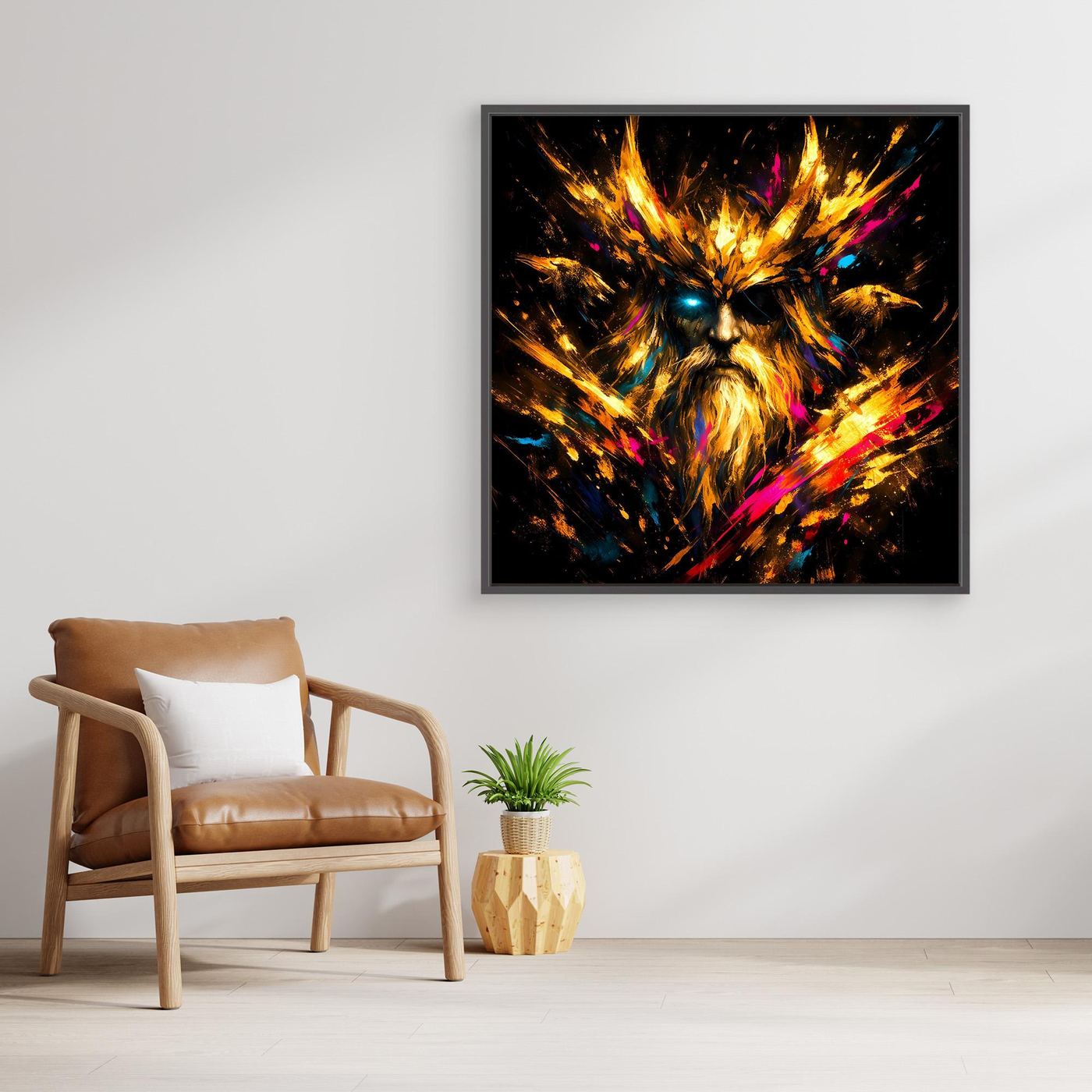 Leinwand Goldener Odin der Allvater mit Raben | Modernes Nordisches Mythologie Wandbild