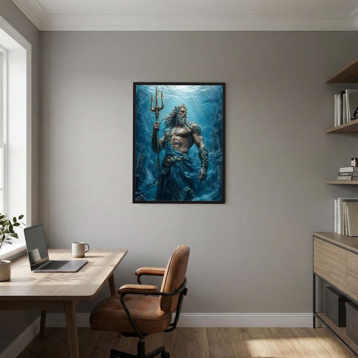 Hochformat-Poster: Poseidon mit Dreizack, Meerblick und Felsen im Blau