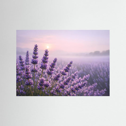 Querformatiges Poster mit Lavendelfeld und violetten Blüten im Sonnenaufgang