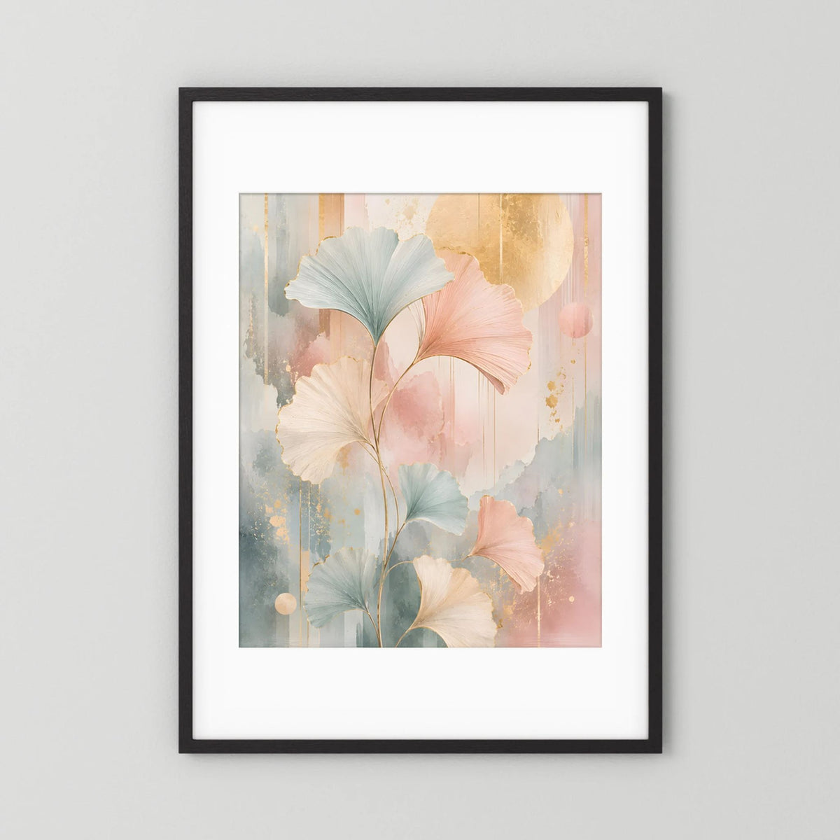 Kunstposter im Hochformat mit pastelligen Blättern in Rosa, Salbeigrün und Gold, schwarz mit weißem Rand