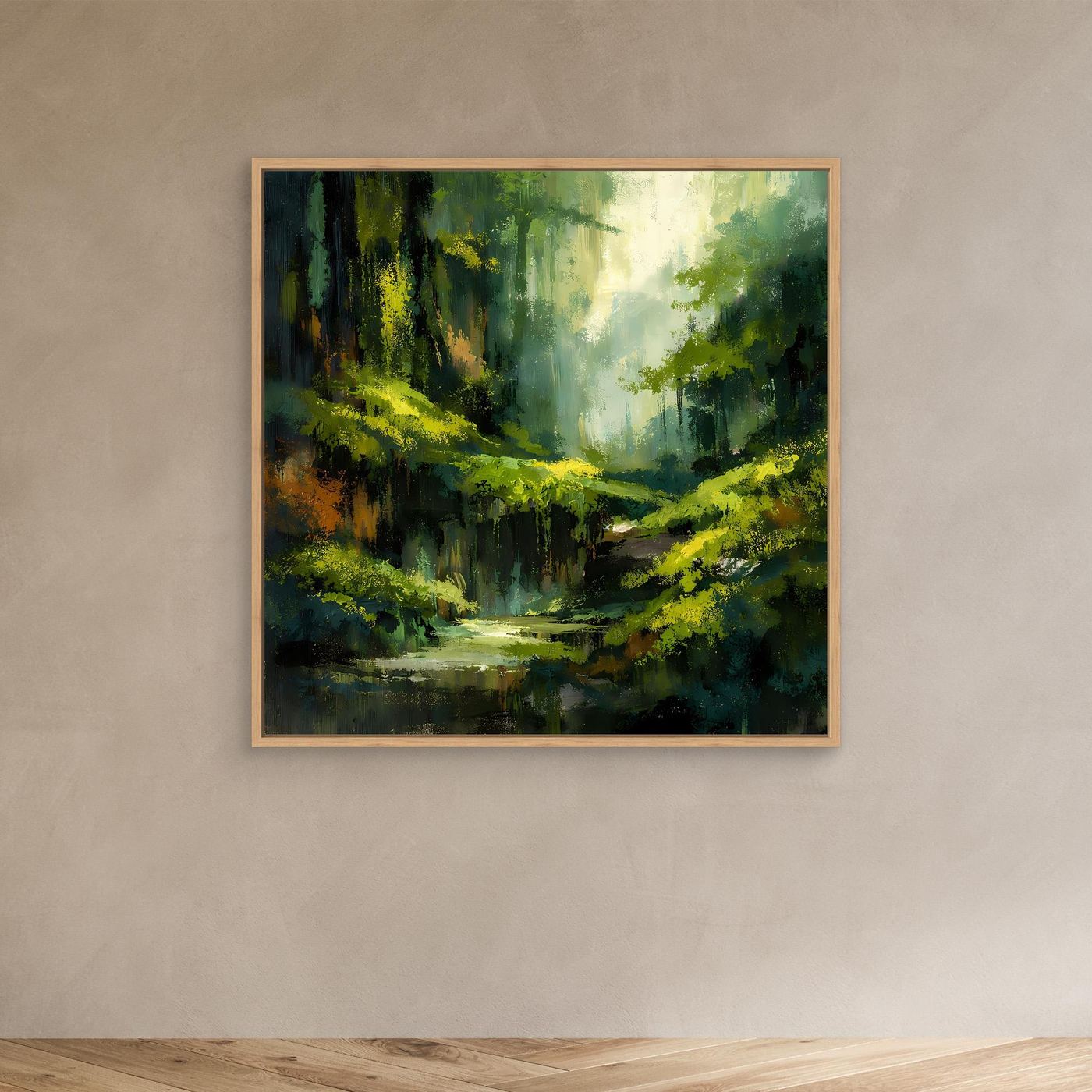 Leinwand-Wandbild im Holzrahmen: abstrakter Dschungelpfad mit grünem Fluss