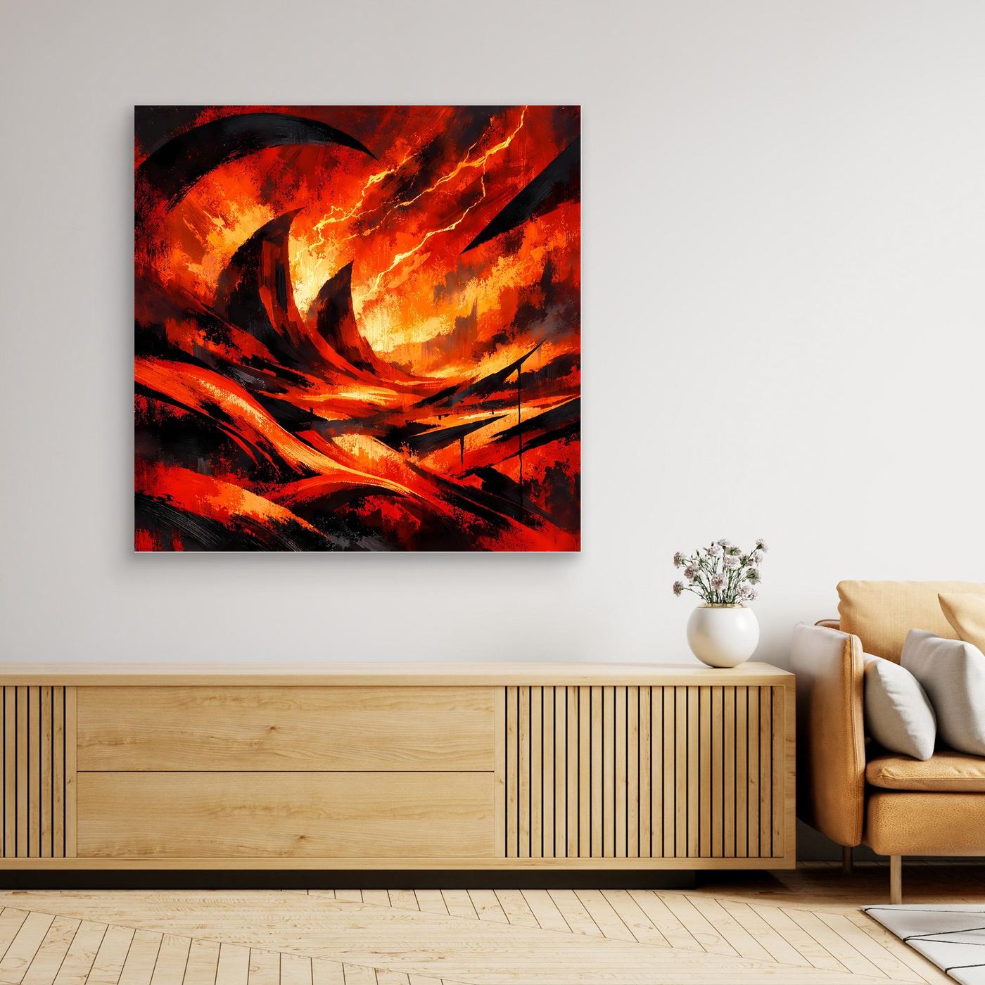 Gerahntes Leinwand-Wandbild mit Lavaflammen und Blitzen, schwarzer Rahmen.
