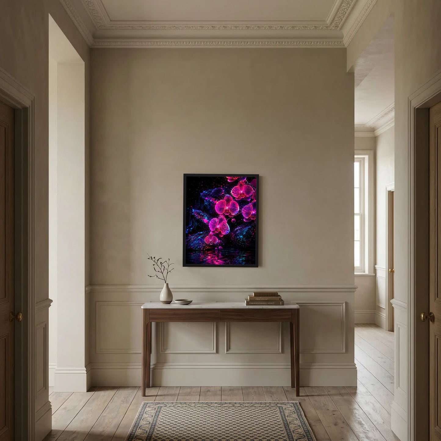 Gerahmtes Kunstposter Hochformat mit Orchideen in Pink und Violett und leuchtenden Effekten