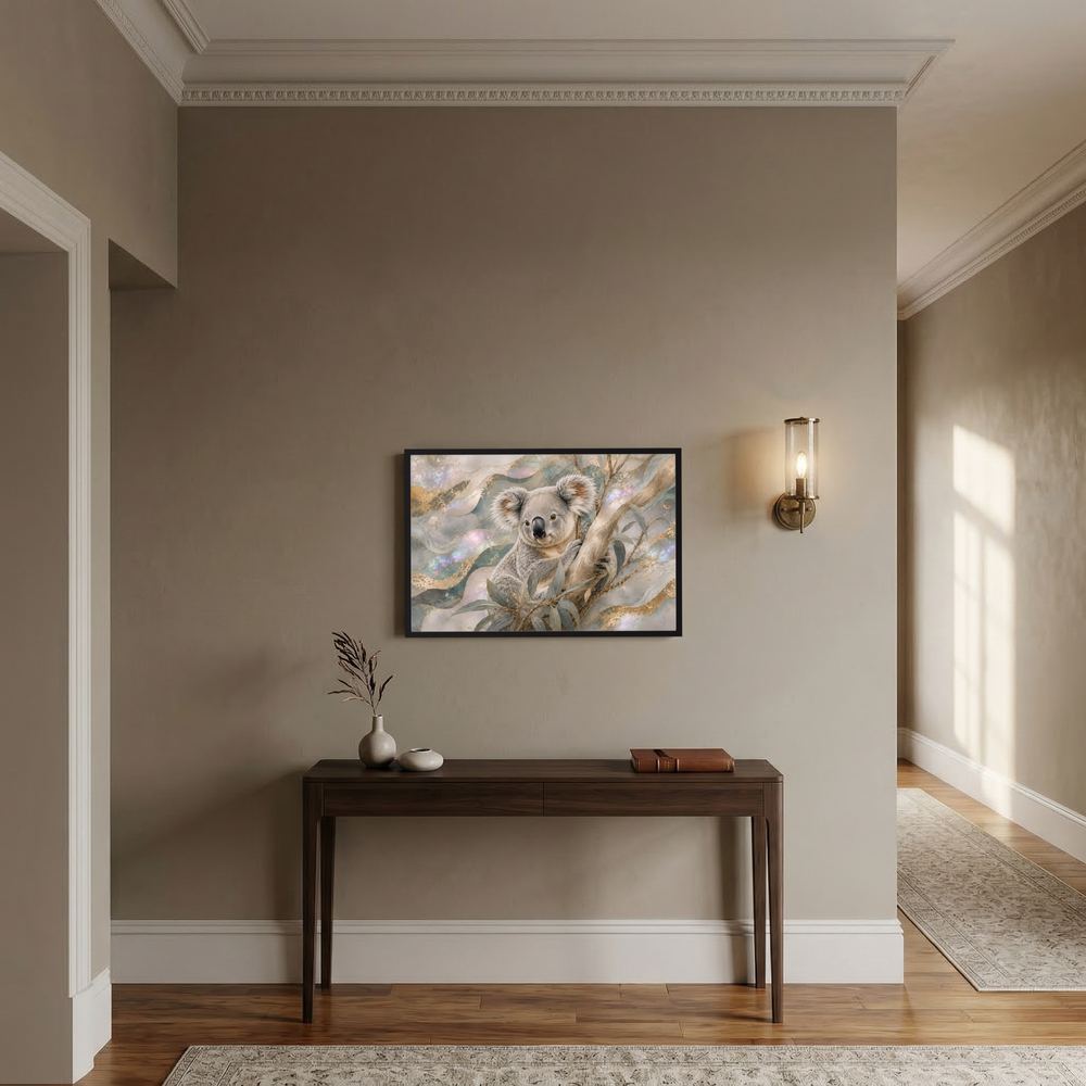 Gerahmtes Querformat-Poster: Koala auf Eukalyptusbaum in Perlmutt und Gold