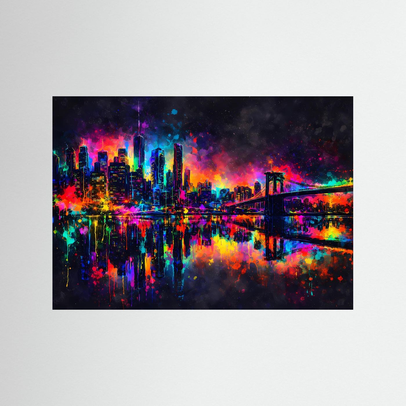 Wandbild der New-York-Skyline mit Brooklyn Bridge in Neonfarben, ohne Rahmen