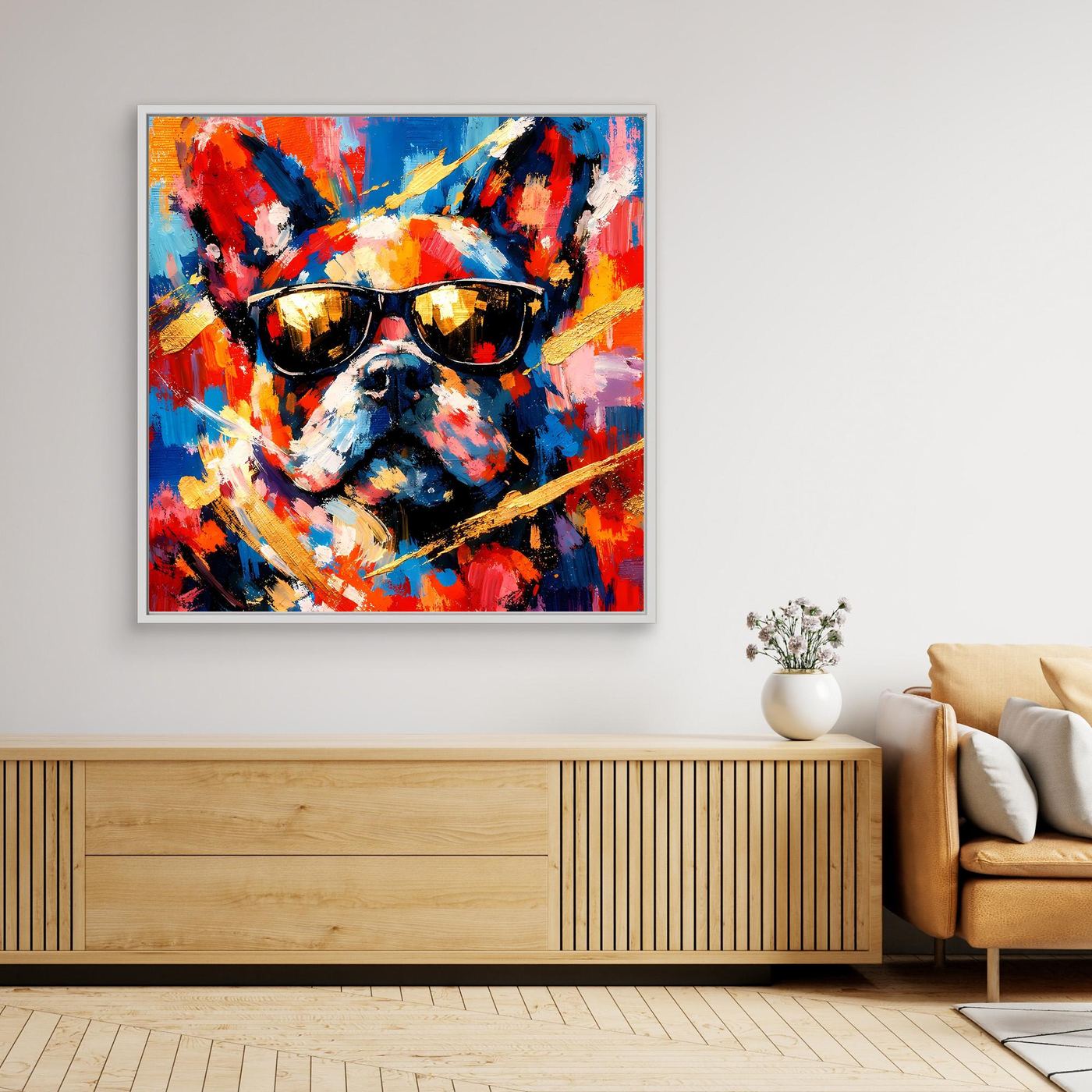 Gerahmtes Leinwandbild: abstrakte Französische Bulldogge mit Sonnenbrille, bunt