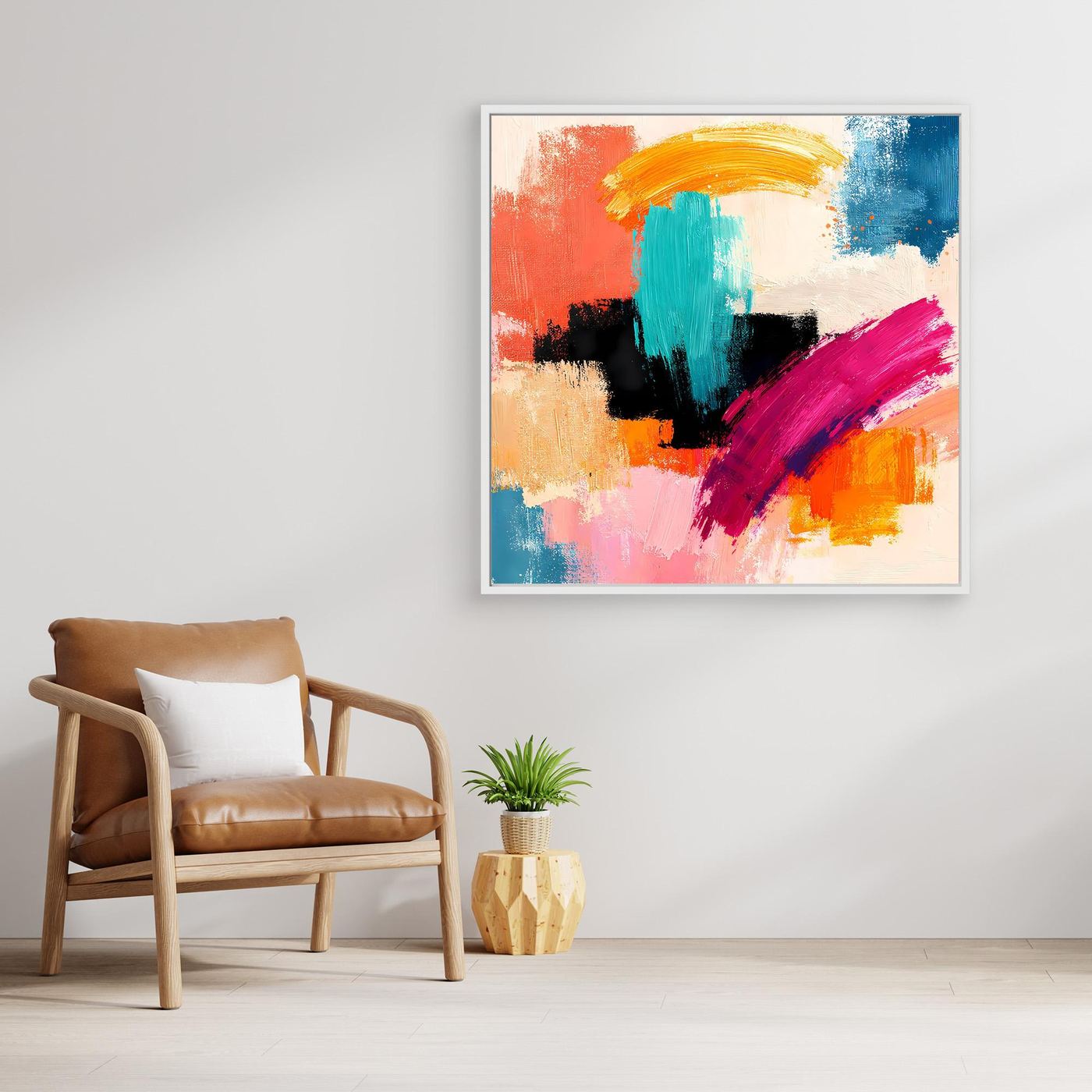 Abstraktes Leinwandbild mit bunten Pinselstrichen, quadratisch an der Wand