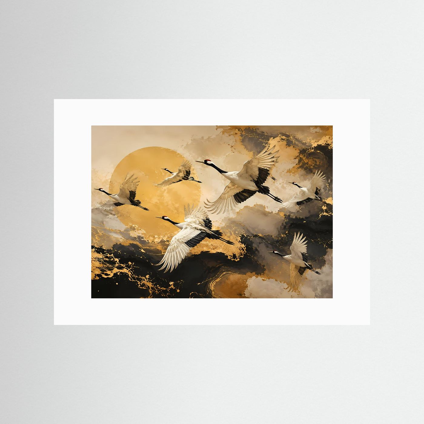 Anmutige Kraniche im goldenen Morgenlicht | Asiatische Natur & Abstrakte Kunst Poster Querformat