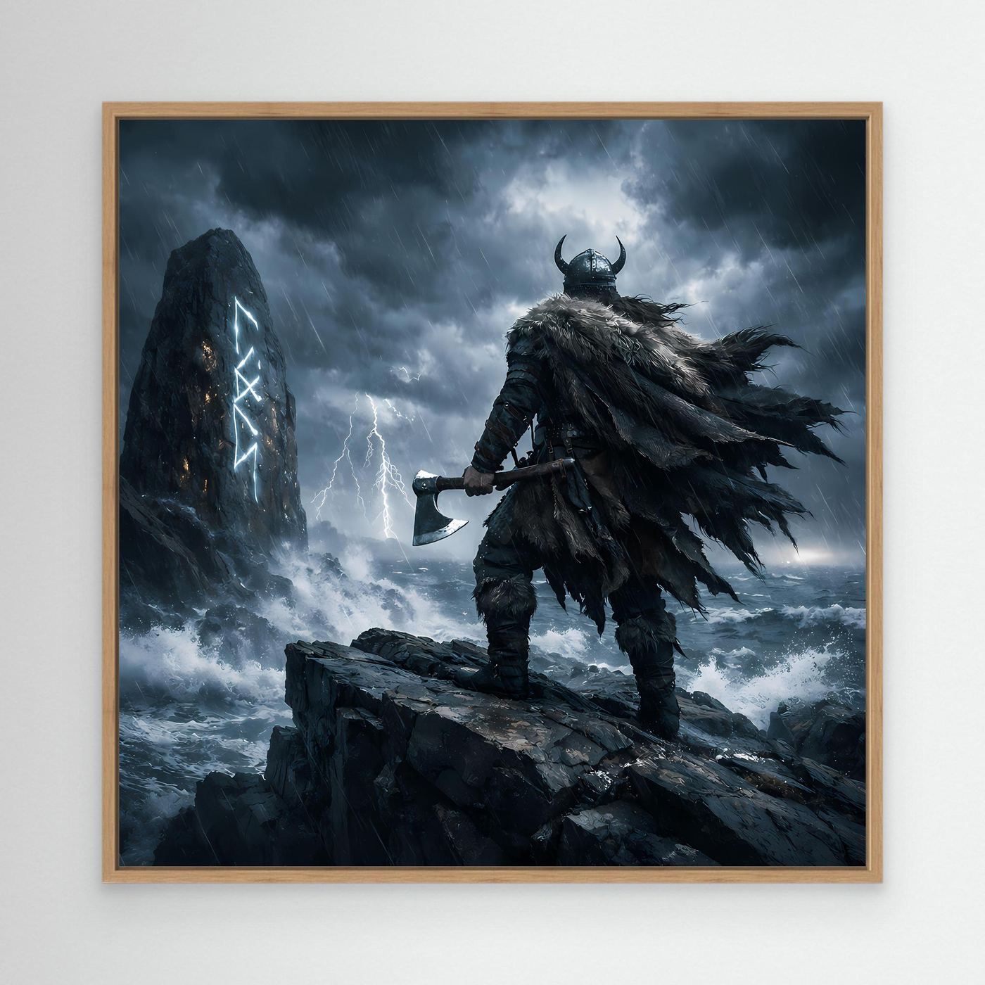 Leinwand Mystischer Wikinger am Runenstein | Abstraktes Nordisches Gewitter Wandbild