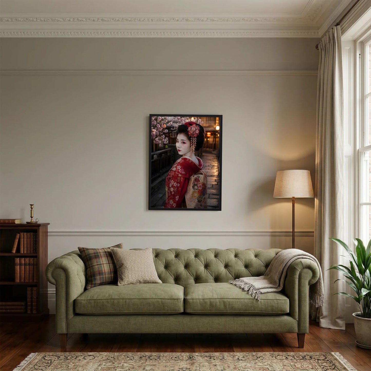 Poster mit japanischer Geisha im roten Kimono und Kirschblüten, schwarzer Rahmen