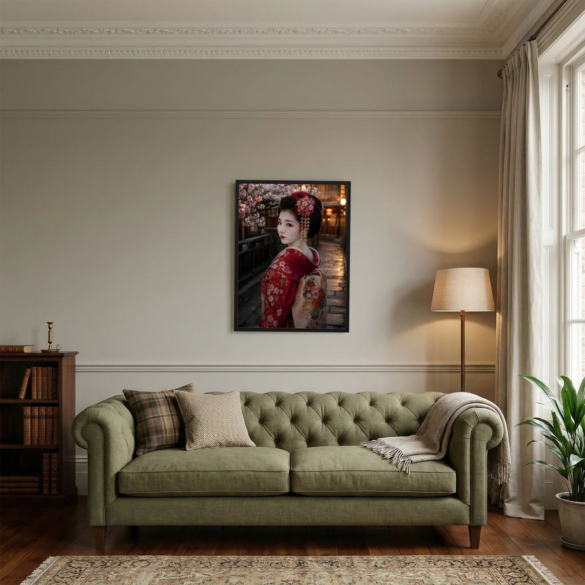 Poster mit japanischer Geisha im roten Kimono und Kirschblüten, schwarzer Rahmen