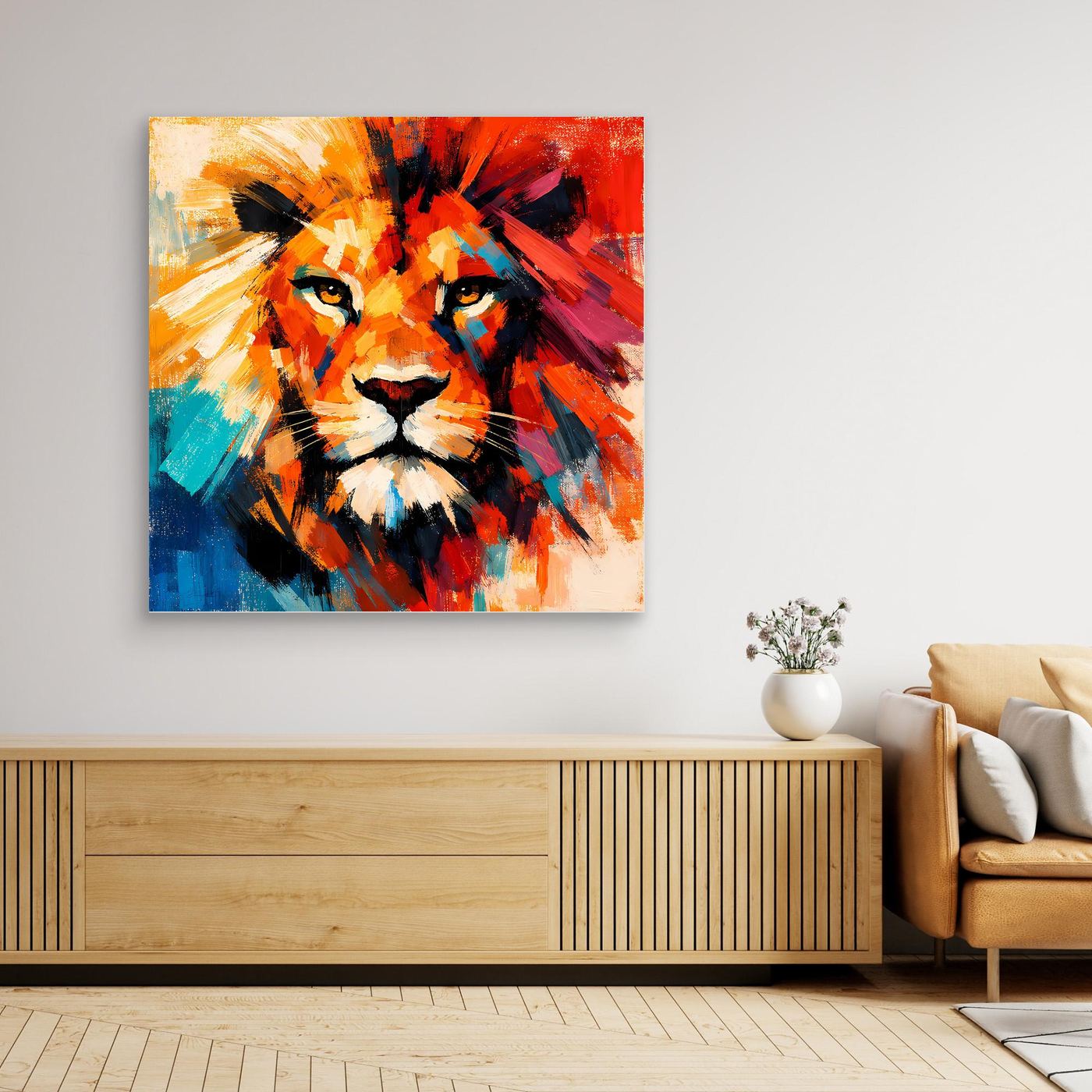 Leinwand Majestätischer Löwe im Farbenrausch | Abstraktes Tier Wandbild
