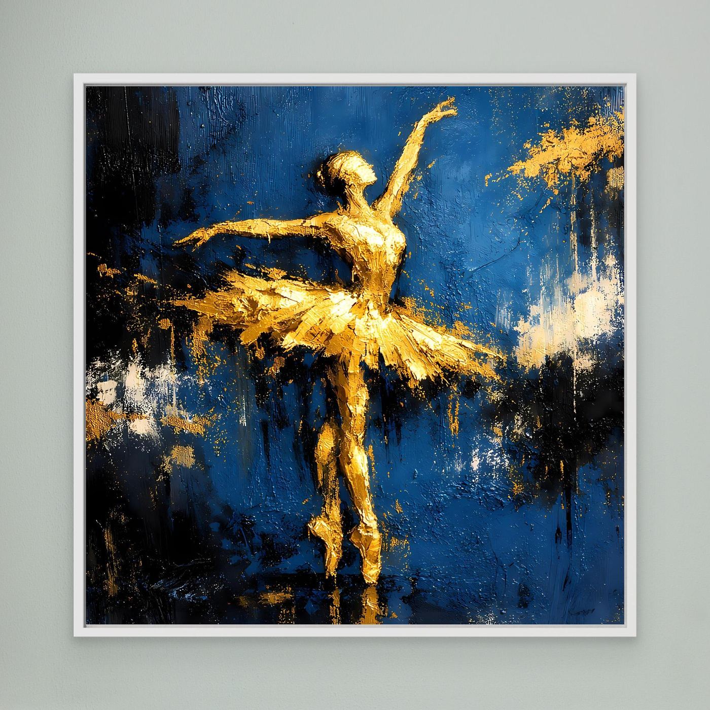 Leinwand Elegante Ballerina in Gold und Blau | Abstraktes Ballett Wandbild