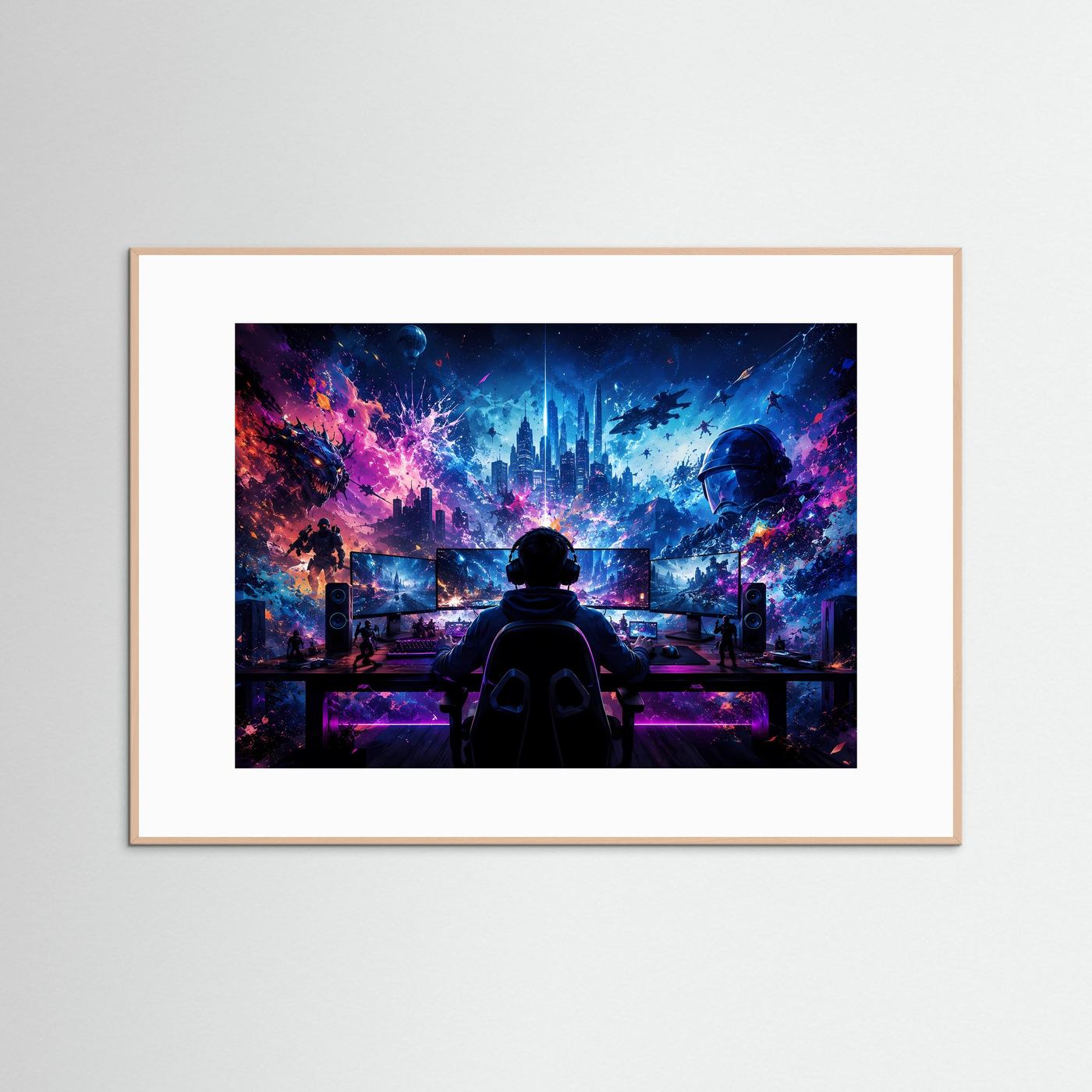 Gaming World Neon Blau & Pink | Futuristische Gamer Wandkunst
