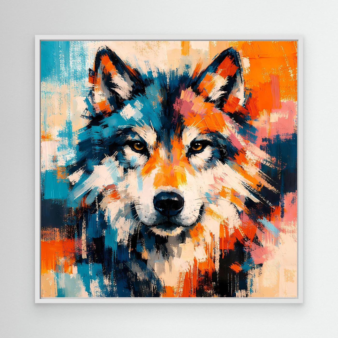 Abstract wolf canvas wall art with blue and orange brushstrokes, white frame