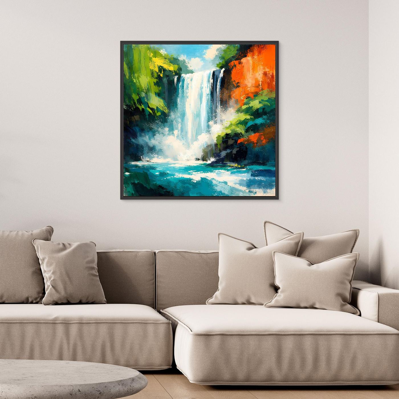Gerahmtes Leinwandbild mit Wasserfall und Dschungelgrün, dunkler Rahmen um die Farbkomposition